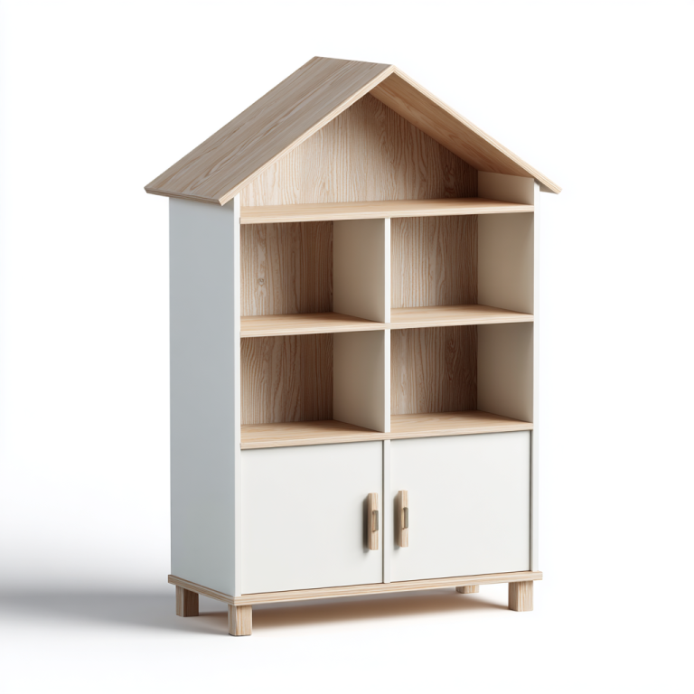Estantería Infantil con Forma de Casa – StmasteStyle, Blanco y Madera Natural, 6 Compartimentos + Armario