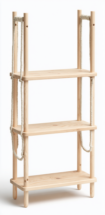 Estantería de 3 Niveles con Cuerdas de Madera Maciza – StmasteStyle Estilo Nórdico Natural