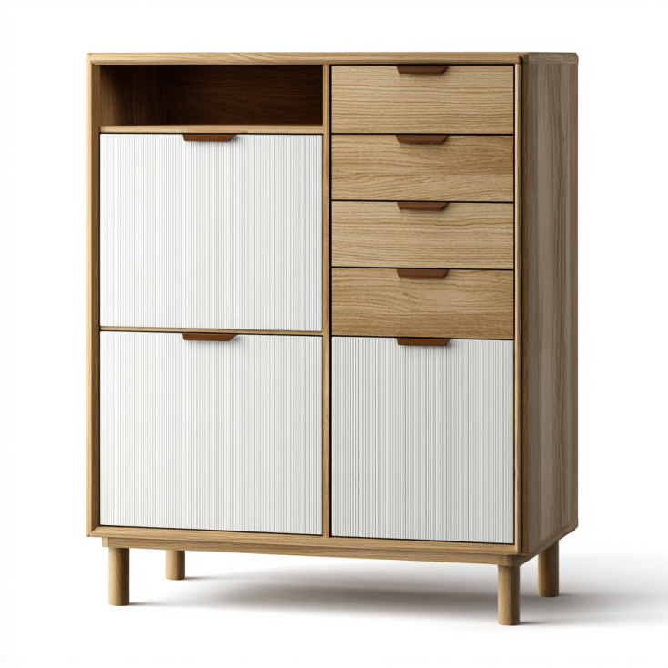 StmasteStyle Armario Alto con 5 Cajones, 4 Puertas y 1 Estante Abierto – Estilo Nórdico en Roble y Blanco