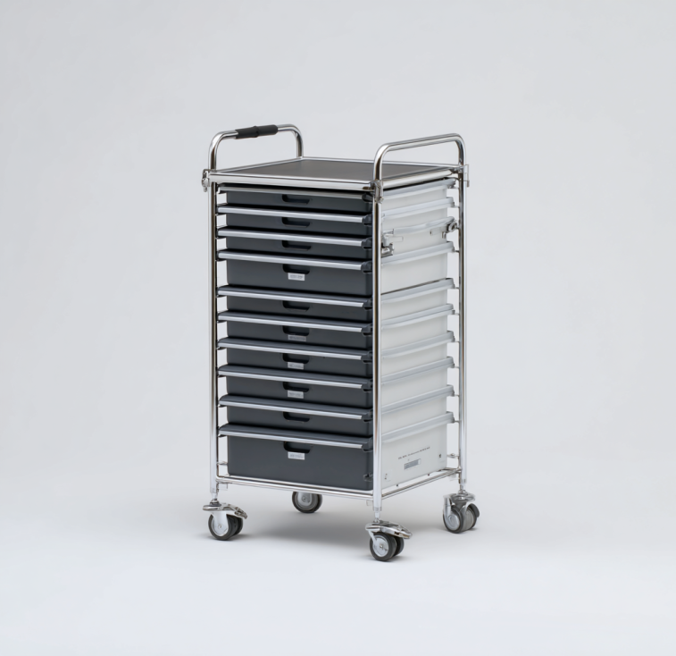 StmasteStyle Carrito Organizador con 10 Cajones – Móvil, Metálico, Cajones Negros y Estructura Plateada