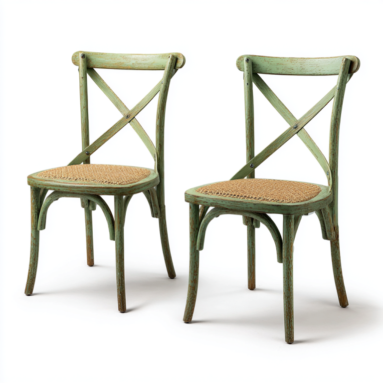 Juego de 2 Sillas de Comedor Rústicas con Respaldo en Cruz – Madera Verde Envejecida y Asiento de Ratán – StmasteStyle