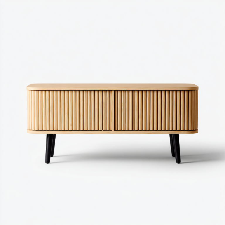 Mueble de TV con Puertas de Listones en Madera Natural y Patas Negras – StmasteStyle