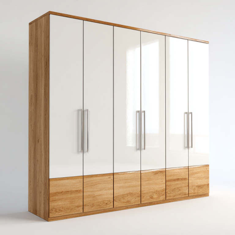 Armario de 6 Puertas con Acabado Brillante Blanco y Roble Natural – StmasteStyle