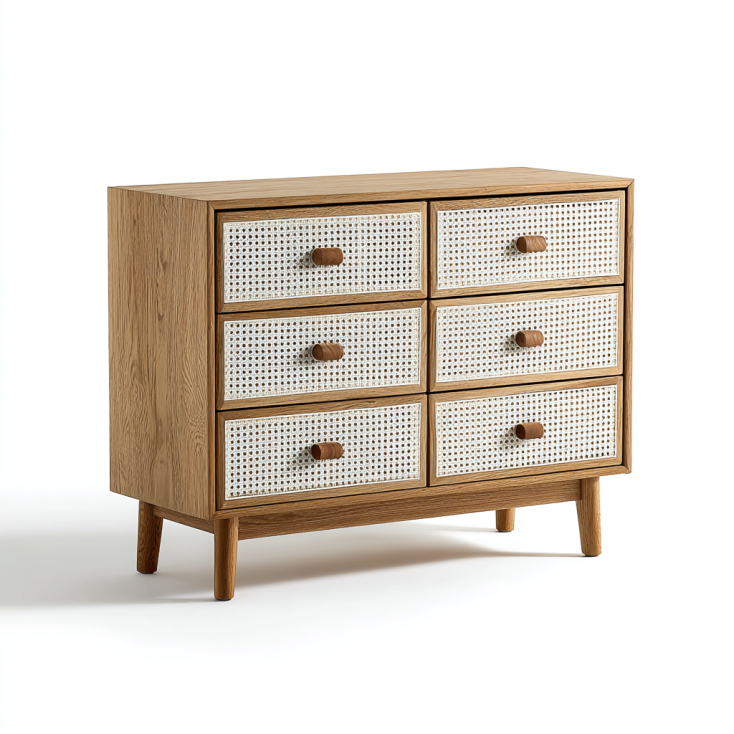StmasteStyle Cómoda de 6 Cajones con Frente de Ratán Natural – Madera Estilo Vintage – Diseño Escandinavo Artesanal