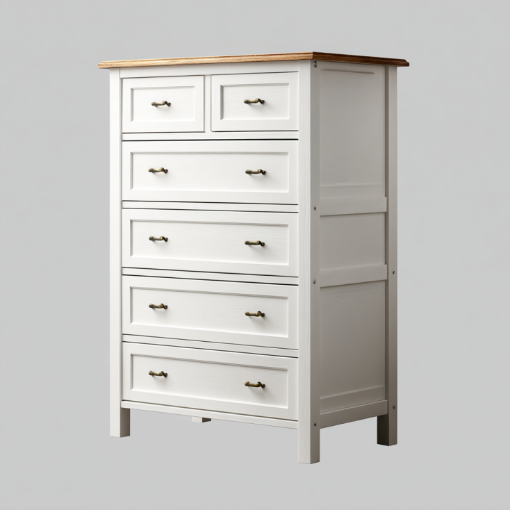 StmasteStyle Cómoda Alta de Madera Blanca con 5 Cajones y Tiradores Metálicos Vintage