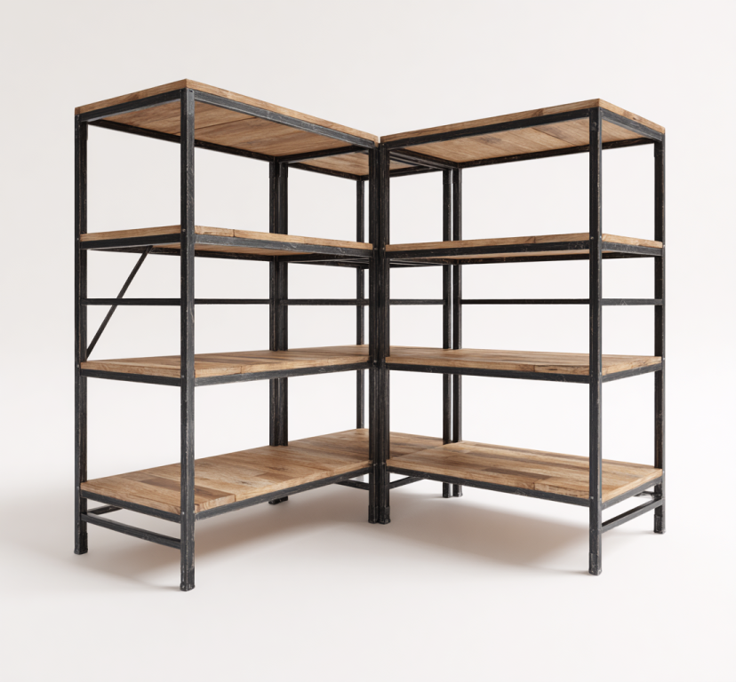 Estantería Industrial en Forma de L con Metal y Madera – StmasteStyle – Almacenamiento Modular de Esquina
