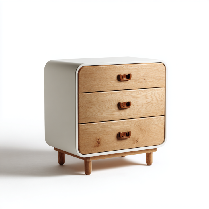 StmasteStyle Cajonera Moderna de 3 Cajones – Cuerpo Blanco con Frente de Madera Natural – Diseño con Bordes Redondeados