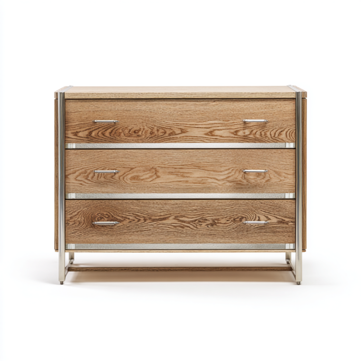 StmasteStyle Cajonera de Roble Macizo y Acero Inoxidable con 3 Cajones – Estilo Industrial Moderno