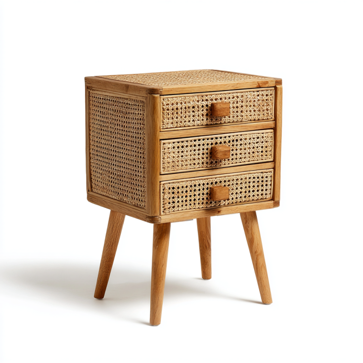 StmasteStyle Cajonera de Madera y Ratán Natural con 3 Cajones – Estilo Nórdico Retro