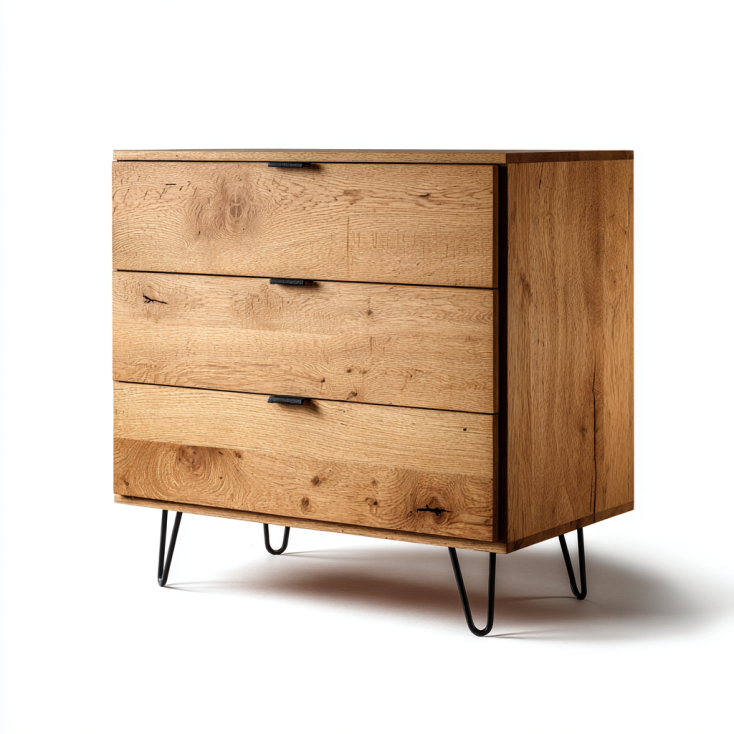 StmasteStyle Cajonera de Estilo Industrial con 3 Cajones y Patas Metálicas – Color Roble Natural