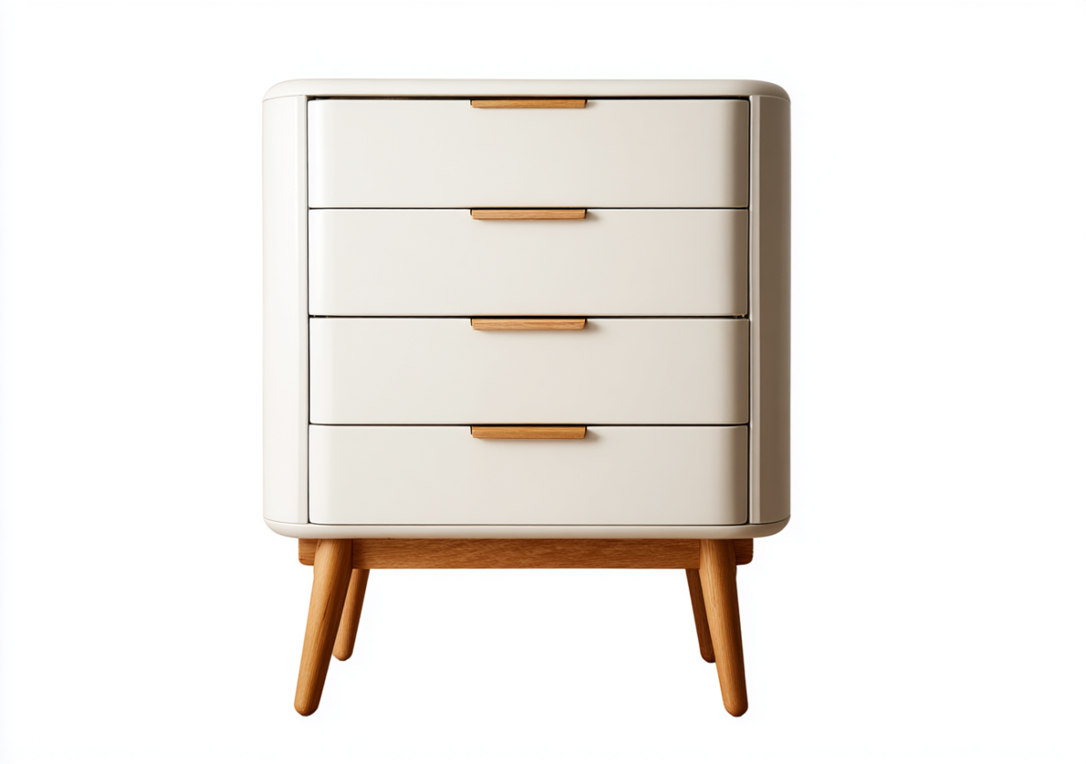 StmasteStyle Cajonera Moderna de 4 Cajones – Blanco Mate con Detalles en Madera – Estilo Nórdico Elegante