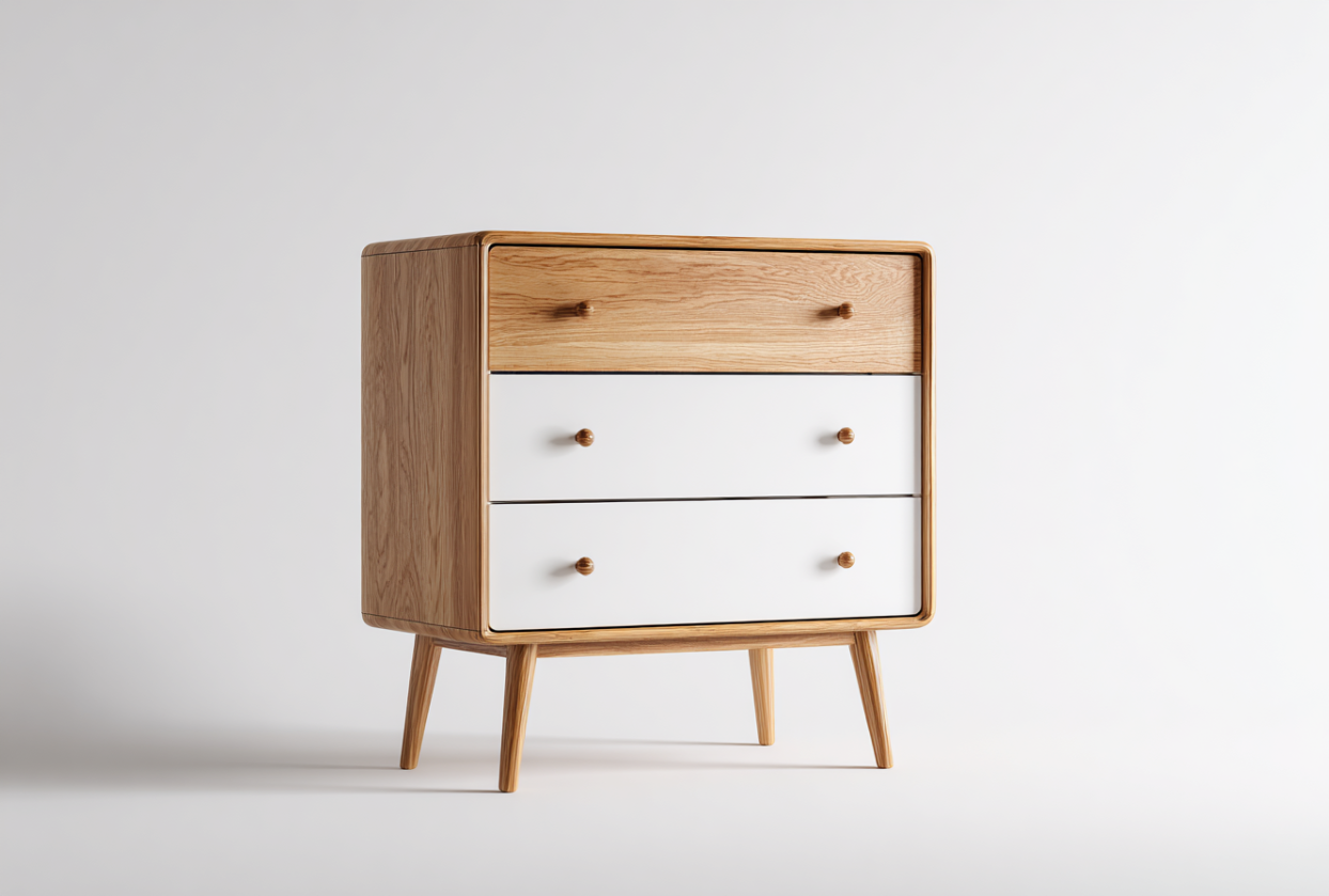 StmasteStyle Cajonera de 3 Cajones con Patas de Madera – Diseño Escandinavo en Blanco y Roble – Para Dormitorio o Salón