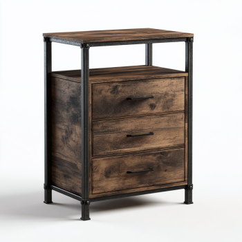 StmasteStyle Cajonera Industrial de 3 Cajones con Marco Metálico – Mueble Auxiliar con Estante Abierto en Color Nogal Oscuro