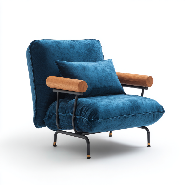 Sillón Moderno de Terciopelo Azul con Reposabrazos de Madera – StmasteStyle