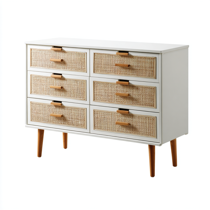 StmasteStyle Cómoda de 6 Cajones con Frente de Ratán – Cuerpo Blanco con Patas de Madera – Estilo Nórdico Natural