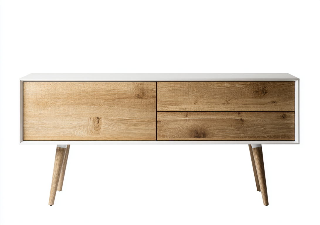 Mueble de TV Nórdico con Cajones en Madera y Marco Blanco – StmasteStyle