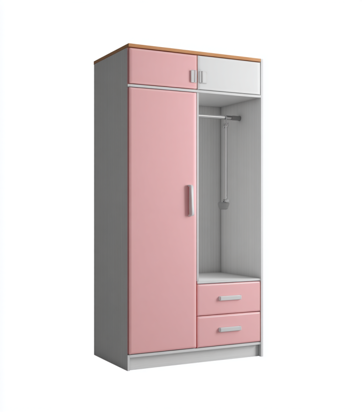 Armario Infantil de Una Puerta en Rosa y Blanco – StmasteStyle con Cajones y Barra Colgante