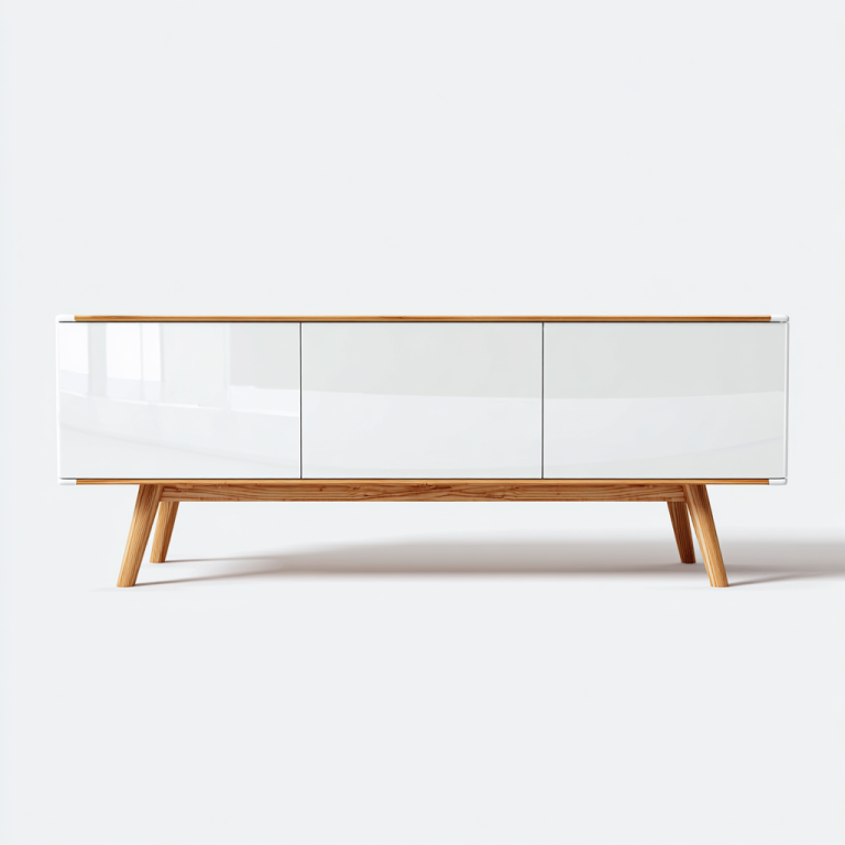 Mueble de TV Blanco Brillante con 3 Puertas y Patas de Madera Maciza – StmasteStyle