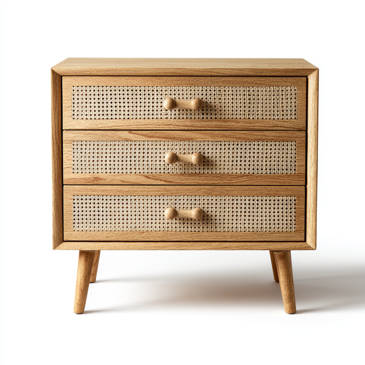 StmasteStyle Cajonera de 3 Cajones con Frente de Ratán Natural – Madera Maciza – Estilo Nórdico Artesanal