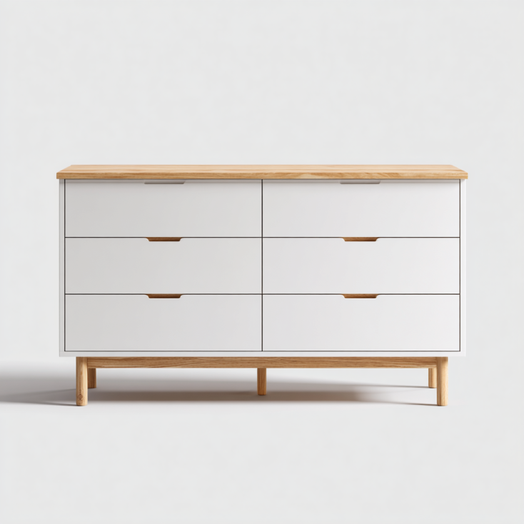 StmasteStyle Cómoda de 6 Cajones con Encimera de Madera Natural – Blanco Mate – Estilo Nórdico Moderno