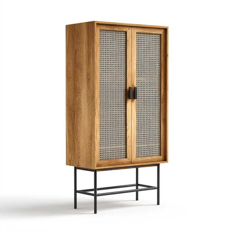 Aparador Alto de Madera con Puertas de Ratán y Patas Metálicas – StmasteStyle