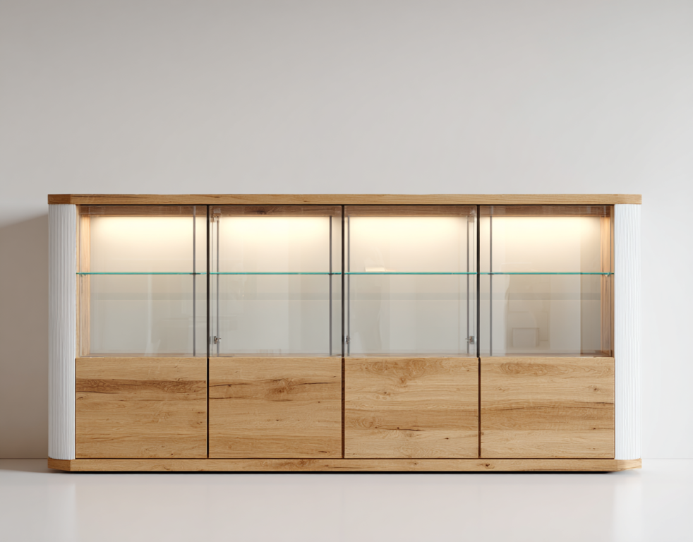 Aparador Vitrina de Roble con Iluminación LED – 4 Puertas de Vidrio y Madera – StmasteStyle