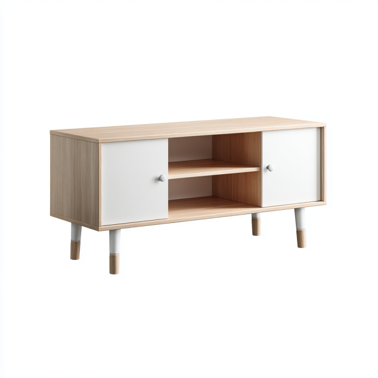 Mueble de TV Nórdico de Madera con Puertas Blancas y Estantes Abiertos – StmasteStyle