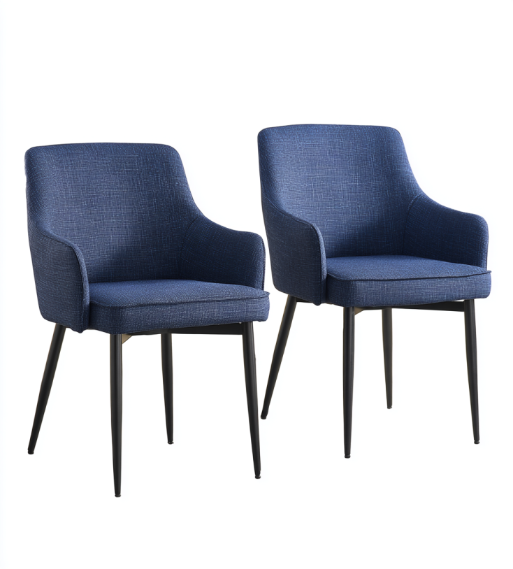 Juego de 2 sillas tapizadas azules con reposabrazos y patas metálicas – StmasteStyle