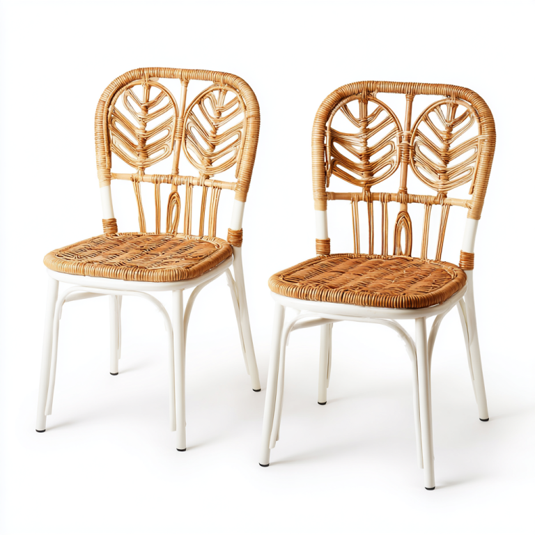 Juego de 2 Sillas de Comedor de Ratán Natural StmasteStyle con Estructura Metálica Blanca