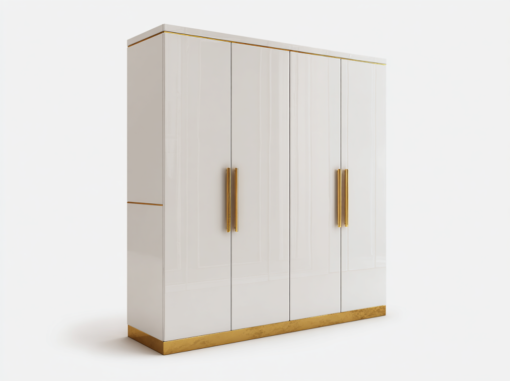 Armario Blanco Brillante de 4 Puertas con Detalles Dorados – StmasteStyle – Diseño Moderno de Alta Gama