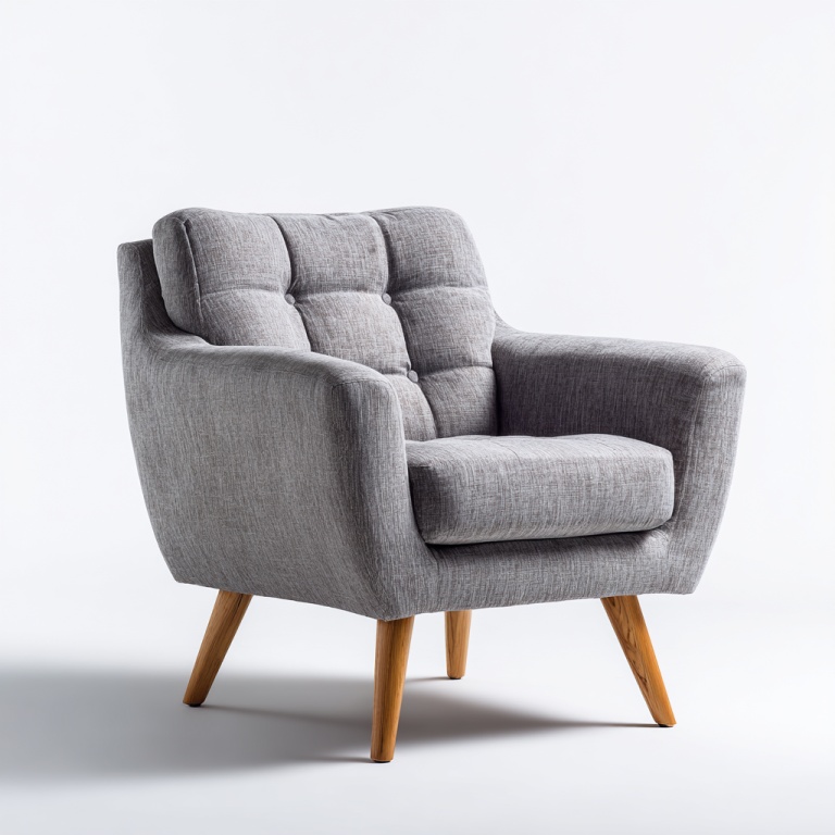 Sillón individual con patas de madera y respaldo de tela a cuadros en color gris