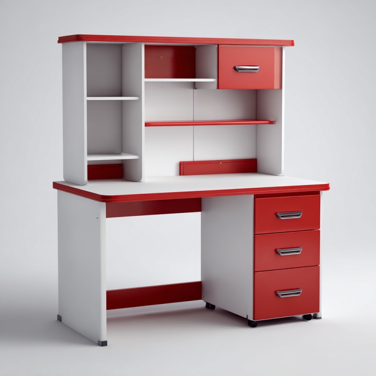 Mesa de estudio de oficina multifuncional con estantería superior y cajones en rojo y blanco