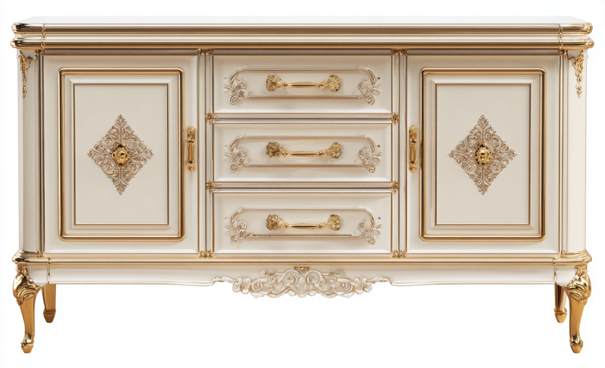 Aparador tallado de estilo europeo con tres cajones y dos puertas, borde marfil y dorado, mueble de almacenaje retro.