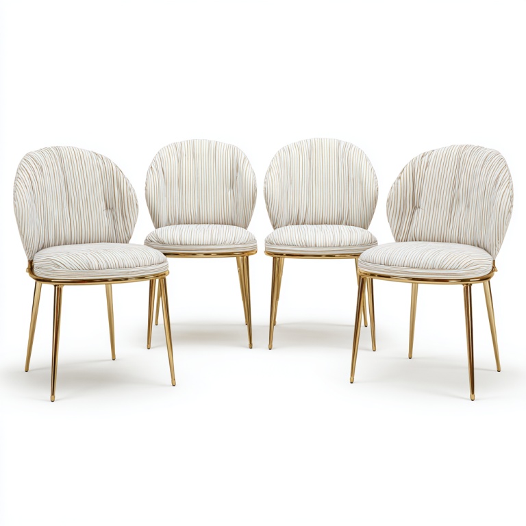 Juego de cuatro sillas de comedor tapizadas a rayas con patas de metal dorado, estilo minimalista moderno.