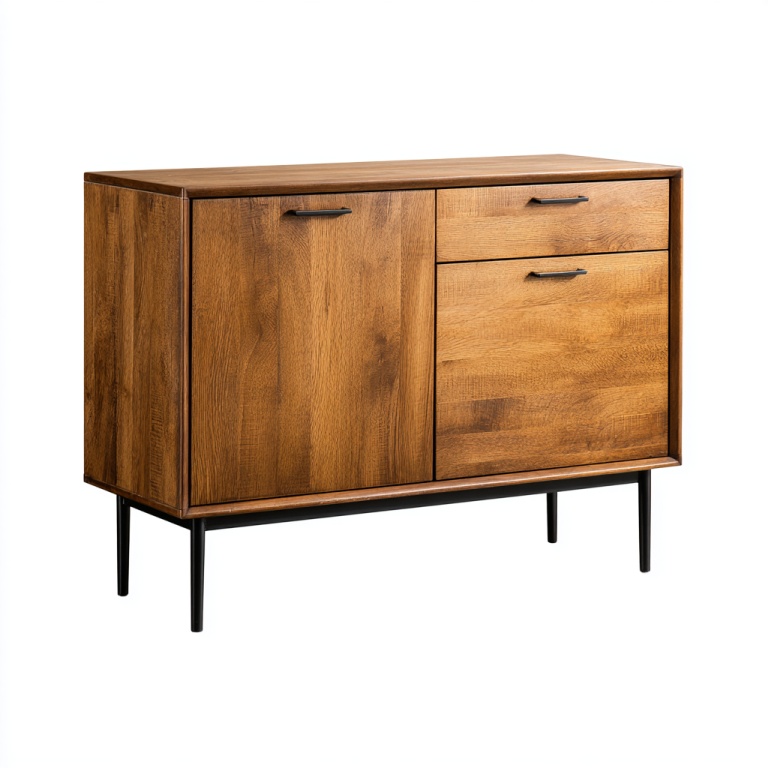 Aparador de madera maciza de estilo industrial con base de hierro, puerta doble y mueble de almacenaje con un solo cajón.