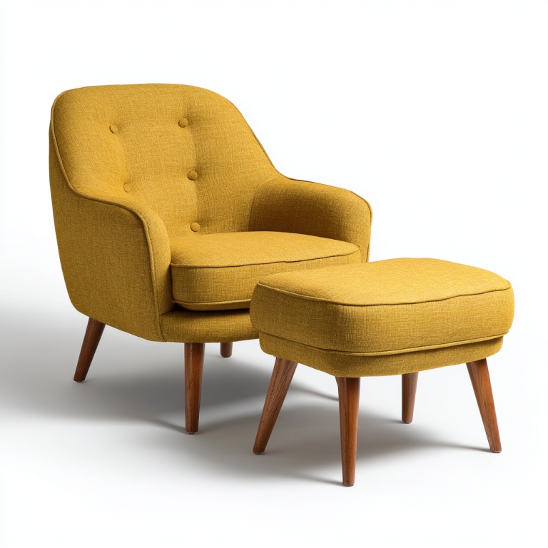 Sillón reposapiés individual con patas de madera maciza y tela de color yute combinado