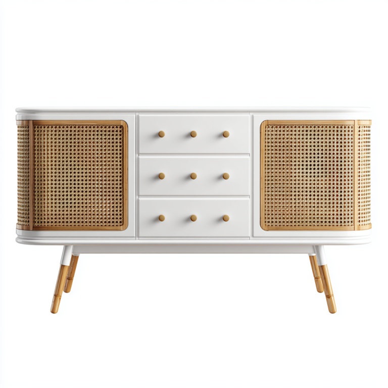 Aparador estilo nórdico tres cajones dos puertas puerta de ratán mueble de almacenaje blanco