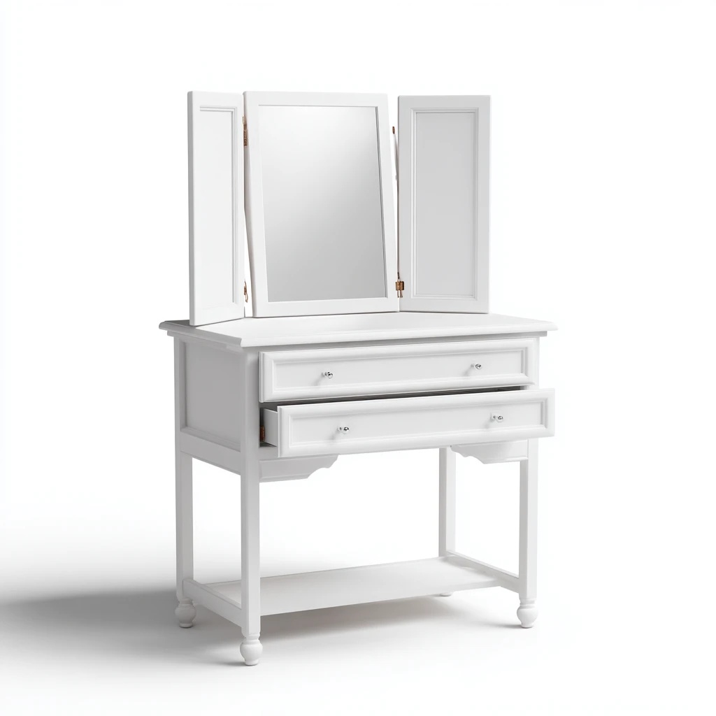 Tocador de madera blanco con diseño de espejo triple y cajones.