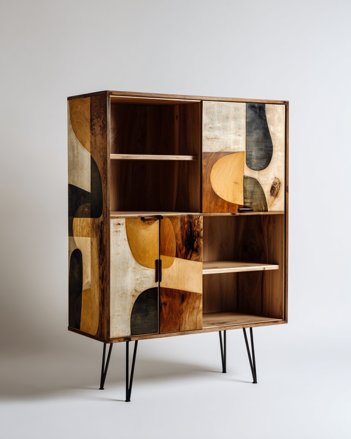 Aparador alto de madera con bloques de colores abstractos y patas de metal, armario de almacenamiento
