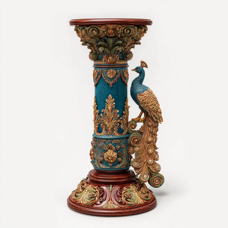 Maceta decorativa con forma de columna tallada de pavo real de estilo europeo