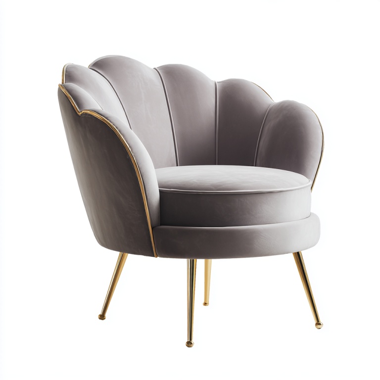 Sillón en forma de pétalo de ante gris con patas de metal