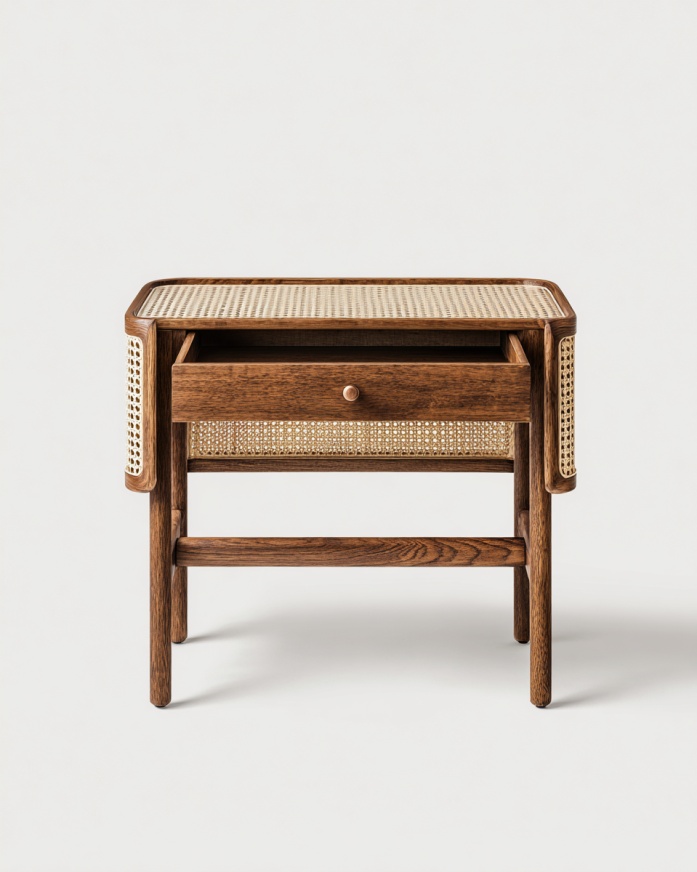 Mesita de noche vintage de madera de ratán con cajones