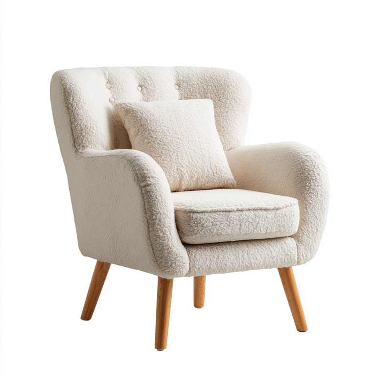 Sillón de tela de piel de cordero color blanco crema con cojines