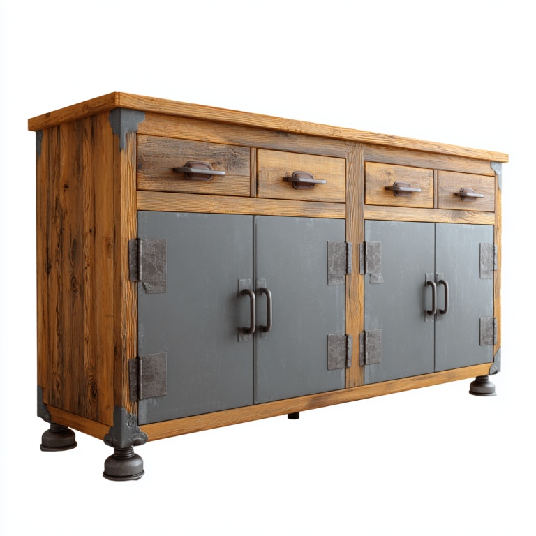 Aparador de metal de madera maciza de estilo industrial, armario de almacenamiento de cuatro puertas y cuatro cajones.