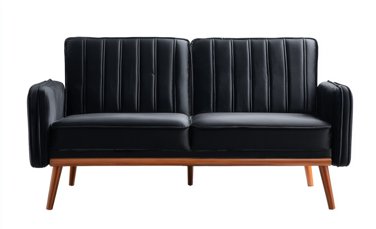 Sofá doble negro de tela de cuero, mueble de salón de estilo nórdico minimalista.