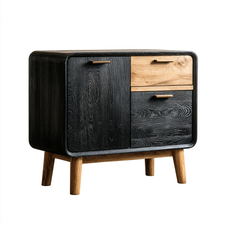 Aparador pequeño de estilo nórdico con combinación bicolor de roble negro y roble claro