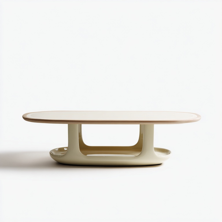 Mesa de centro ovalada larga de color crema con base de almacenamiento, diseño minimalista moderno.