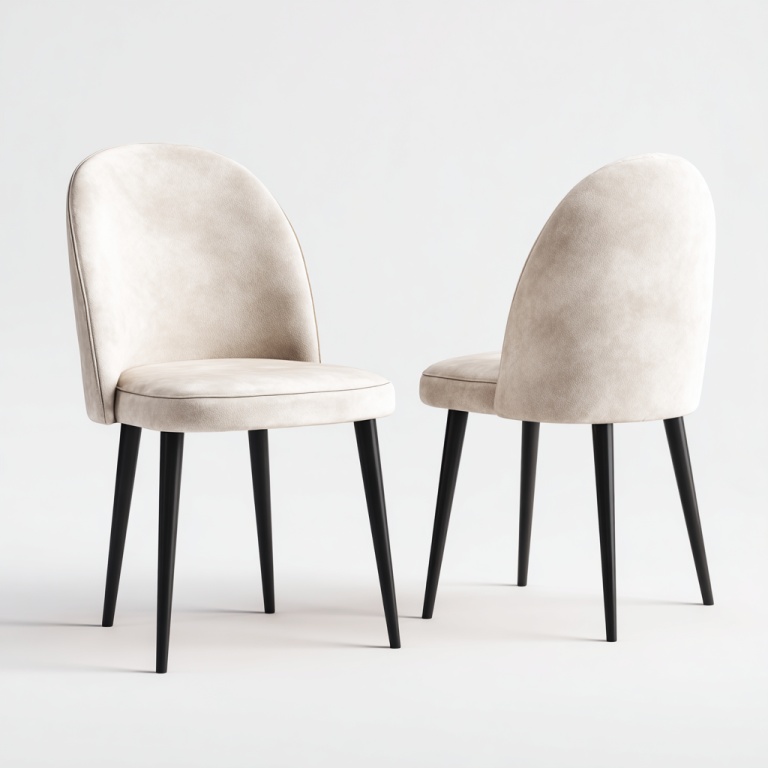 Juego de dos sillas de comedor modernas y sencillas de tela con patas de metal negro.