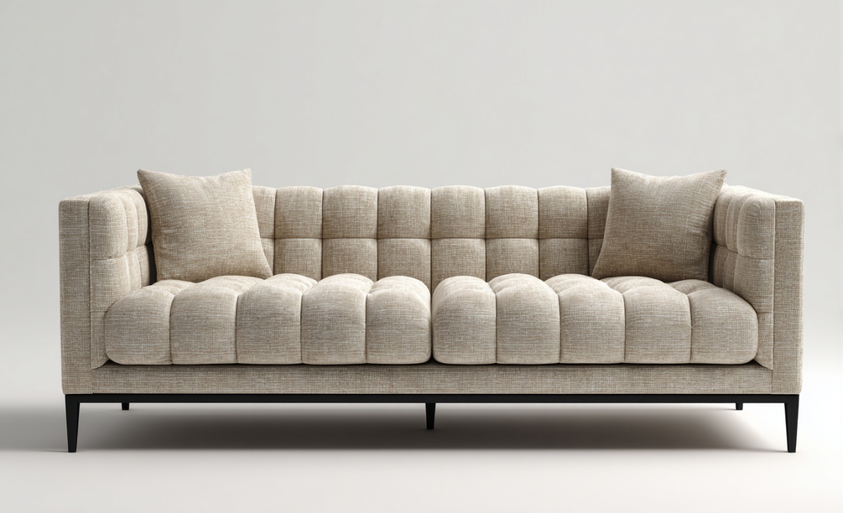 Sofá de tres plazas de tela beige, diseño sencillo y de líneas rectas, para salón o salón de ocio.