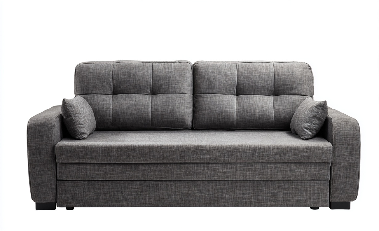 Moderno sofá recto de tela gris con cojines diseño de dos plazas